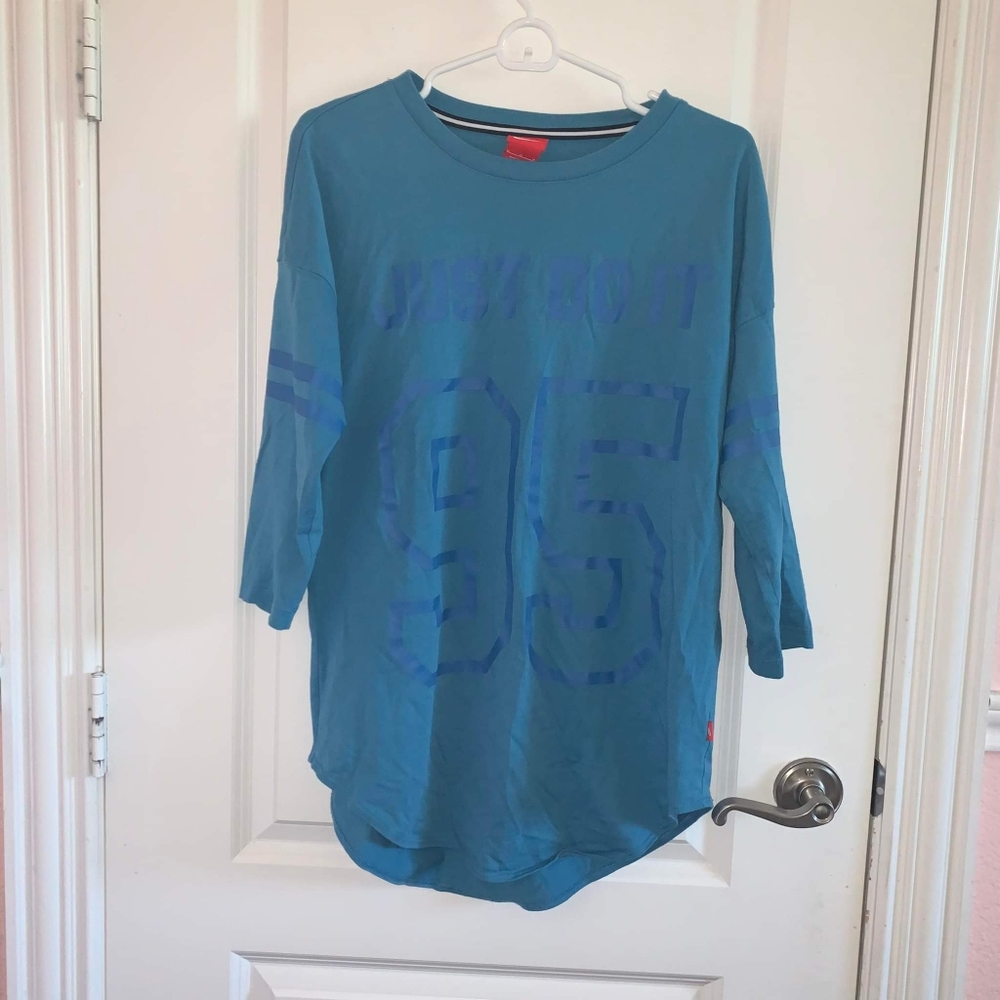 Nike Just Do It 3/4 sleeve baseball rally t-shirt teal blue